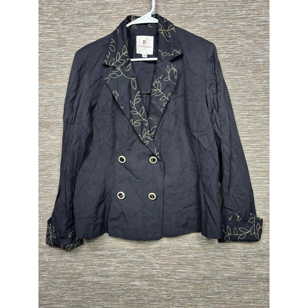Vintage Fattaneh Bahari Blazer Womens 10 Black Floral Double Breasted Made USA